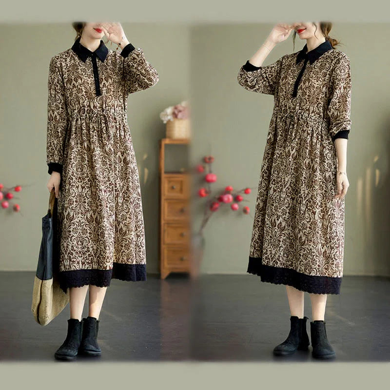 Buddha Stones Ethnic Printed Drawstring Long Sleeve Cotton Midi Dress With Pockets