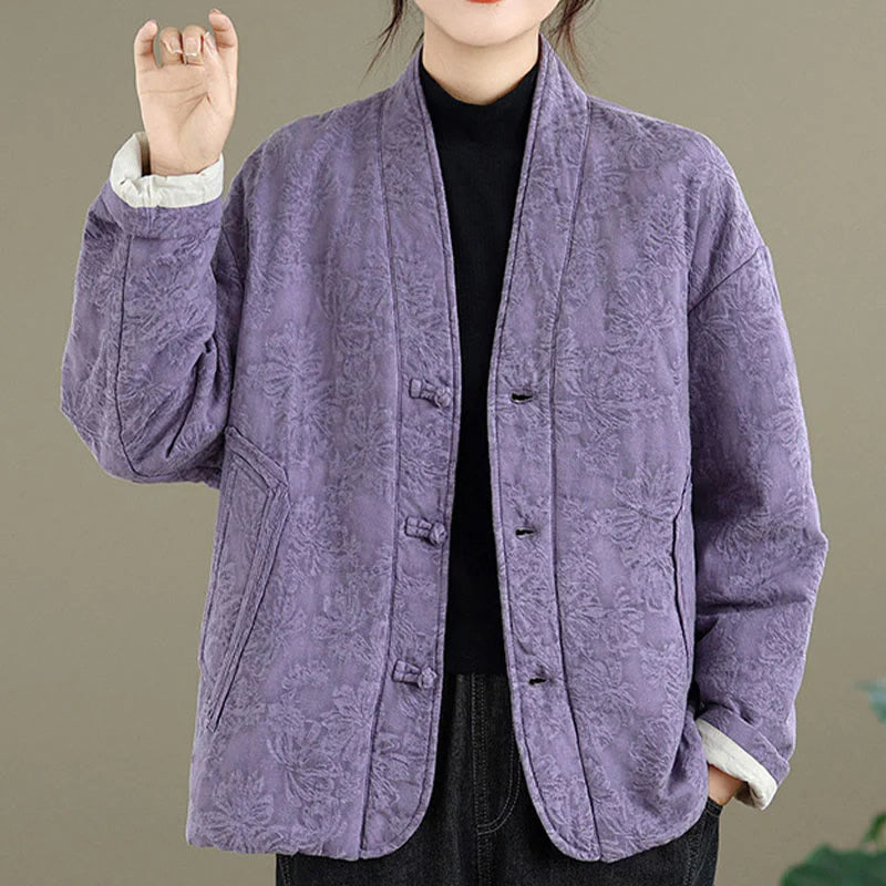 Buddha Stones Winter V-Neck Jacquard Frog-Button Cotton Long Sleeve Women's Thermal Jacket With Pockets