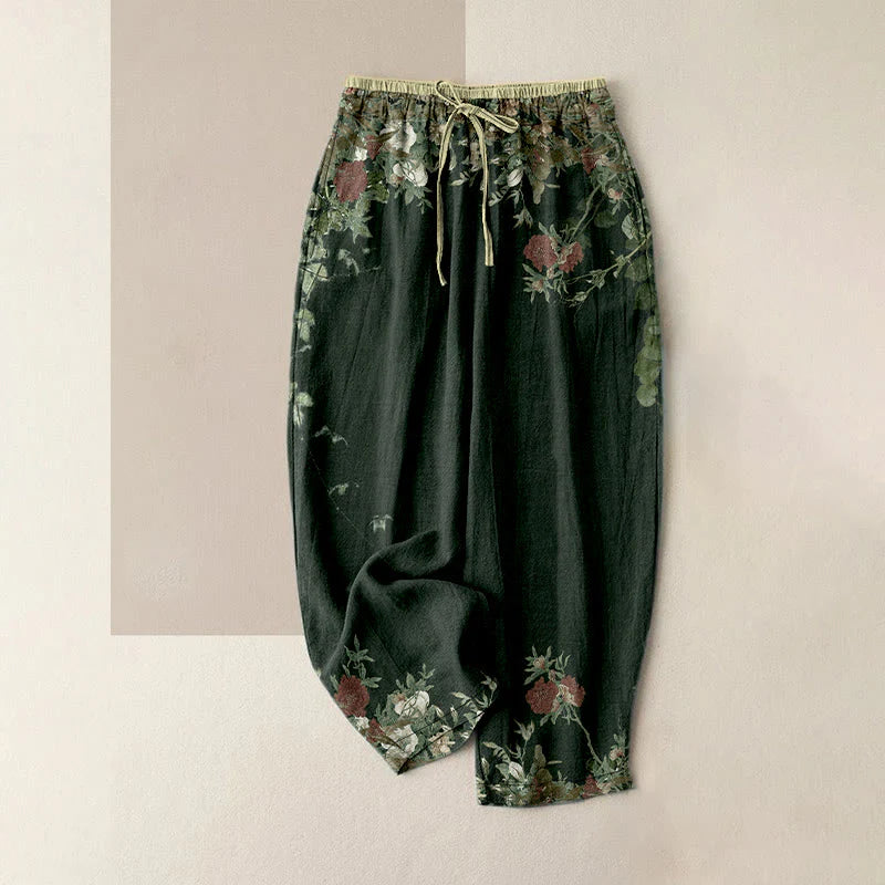 Buddha Stones Cotton Casual Red Peony Flower Vine Design Women's Elastic Waist Pants With Pockets