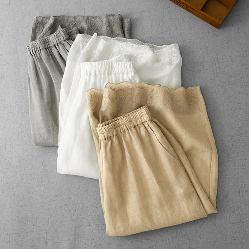 Buddha Stones Commute Solid Color Lace Embroidery Design Cotton Women's Wide Leg Cropped Pants With Pockets