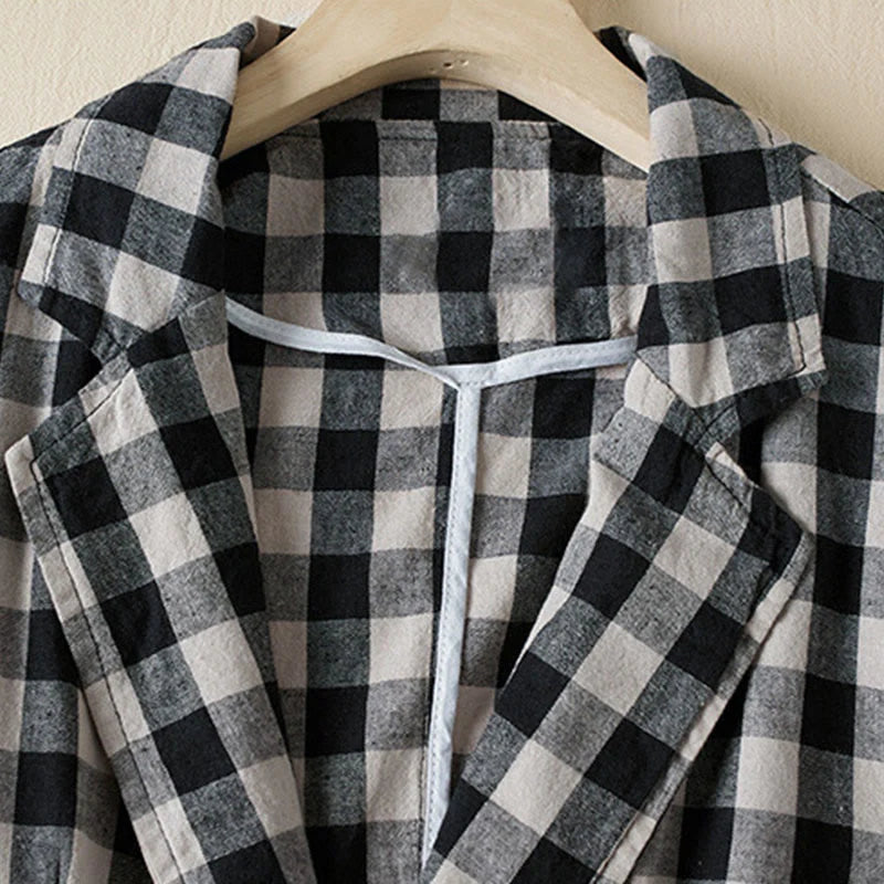 Buddha Stones Commute Plaid Pattern Women's Cotton Lapel Long Sleeve Jacket With Pockets