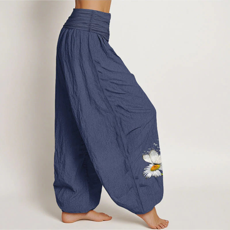 Buddha Stones Pure Cotton Elegant Daisy Butterfly Dragonfly Pattern Women's Elastic Waist Harem Pants