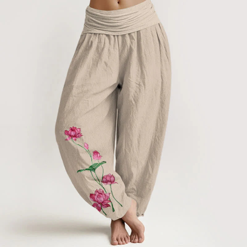 Buddha Stones Pure Cotton Lotus Flower Lotus Leaves Pattern Women's Harem Elastic Waist Pants