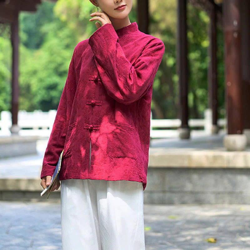 Buddha Stones Frog-Button Long Sleeve Cotton Jacquard Women's Shirt Pants With Pockets
