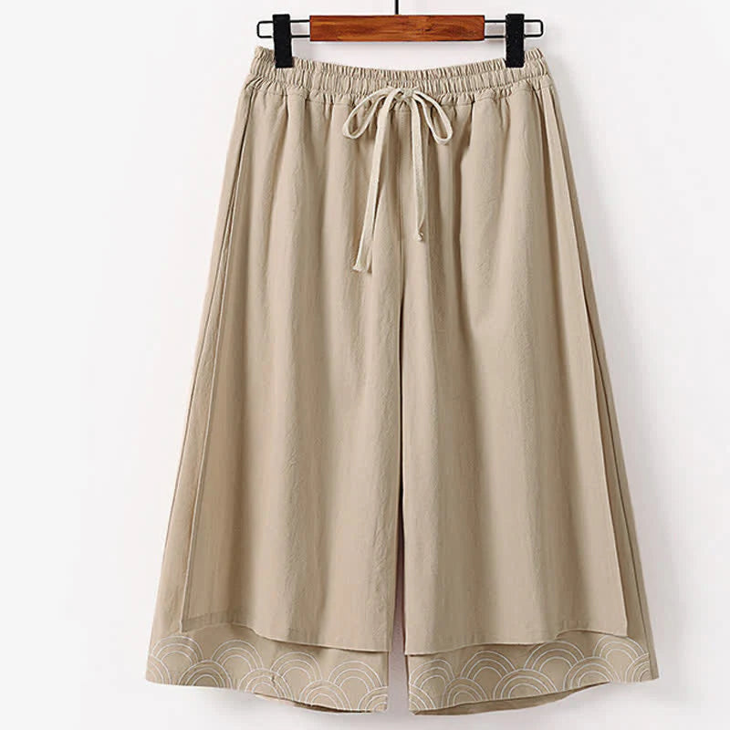 Buddha Stones Summer Embroidery Capri Length Cotton Linen Men's Wide Leg Pants With Pockets