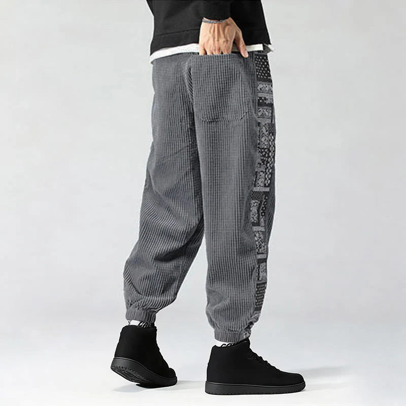 Buddha Stones Fall Solid Drawstring Side Paisley Pattern Straight Leg Ankle-length Corduroy Men's Pants With Pockets