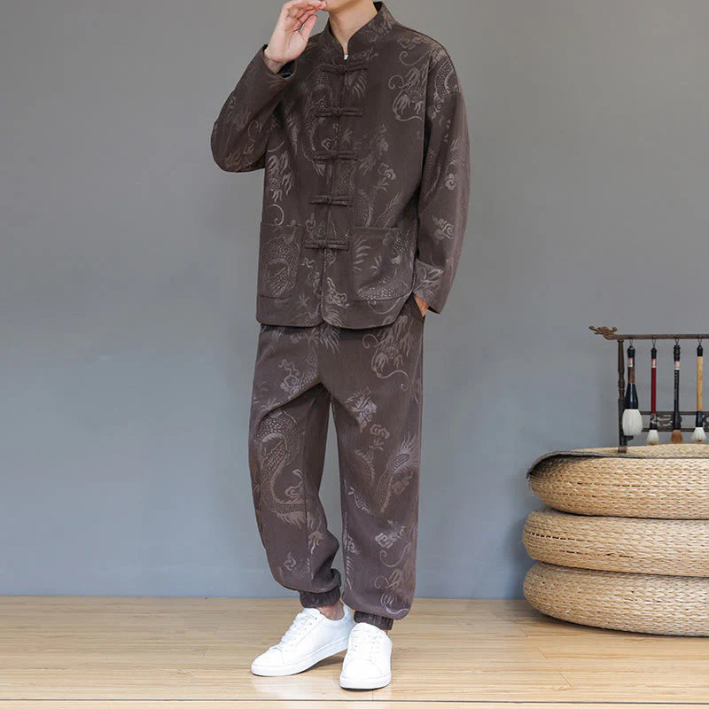 Buddha Stones 2Pcs Fall Winter Men's Tang Suit Dragon Frog-Button Cotton Corduroy Long Sleeve Jacket Pants Set With Pockets