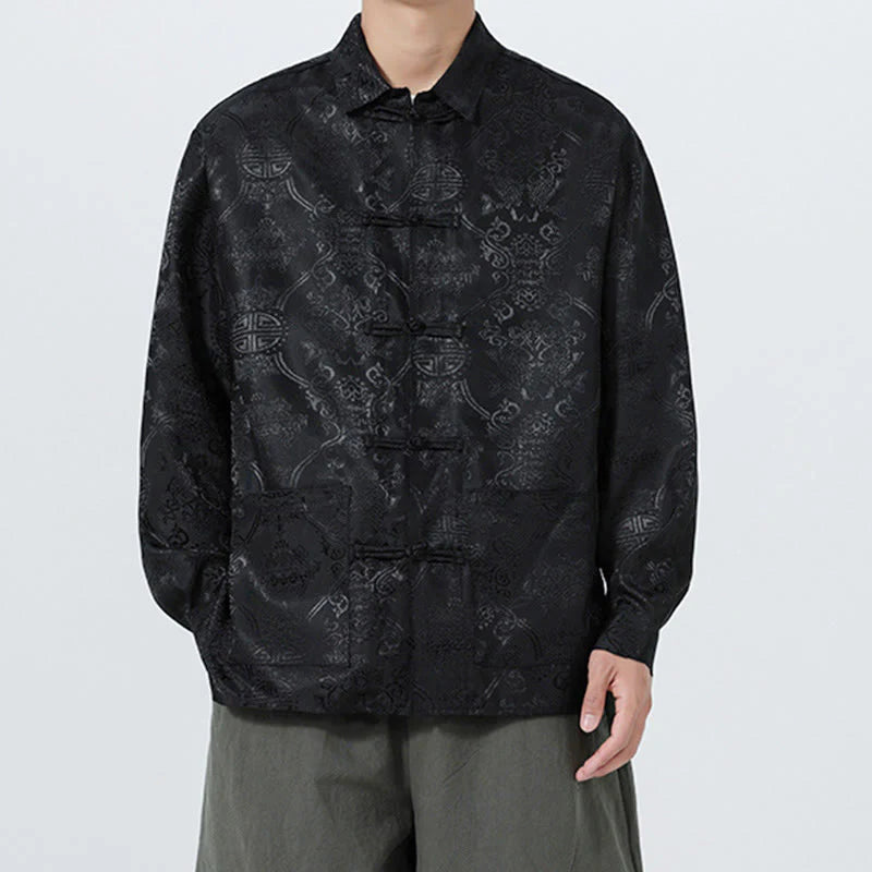 Buddha Stones Spring Jacquard Lapel Long Sleeve Men's Tang Suit Frog-Button Jacket With Pockets