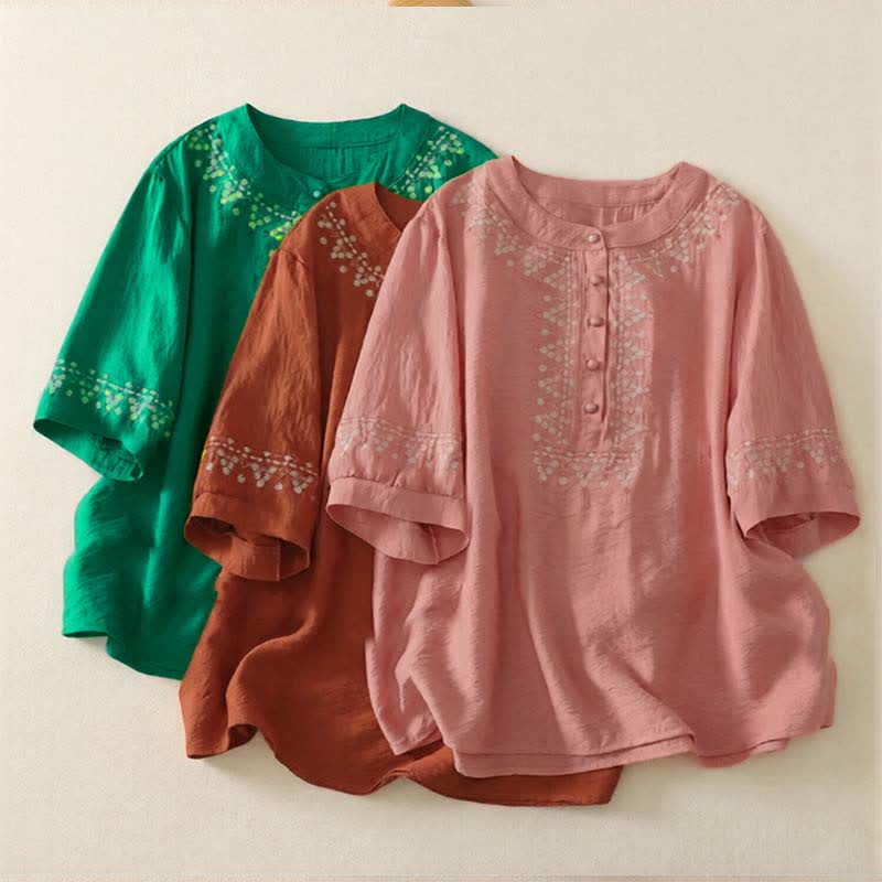 Buddha Stones Spring Embroidered Cotton Half Buttons Women's Short Sleeve Shirt