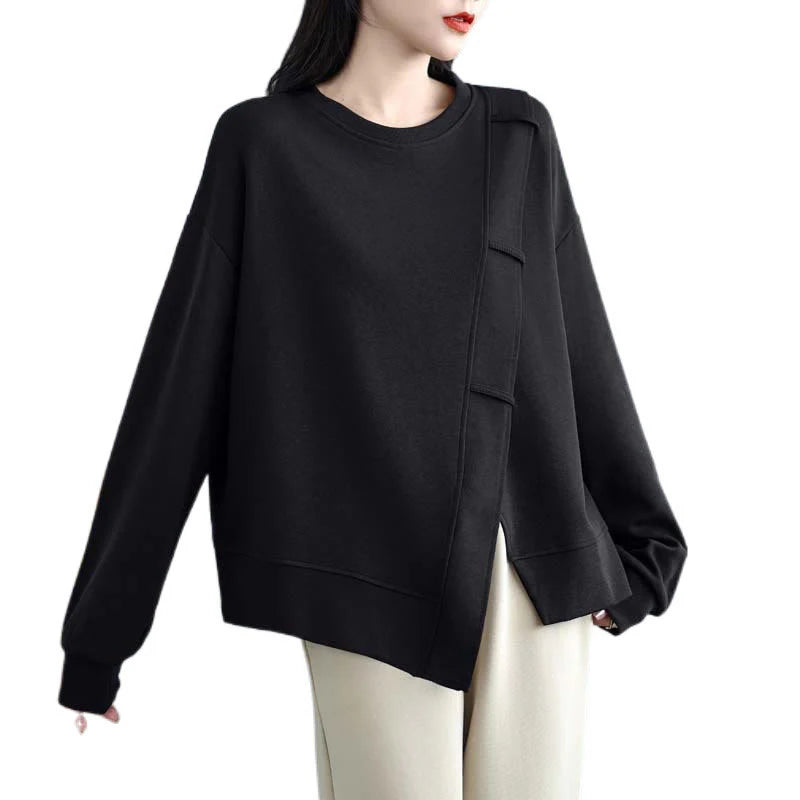 Buddha Stones Fall Solid Color Asymmetrical Design Crew Neck Long Sleeve Women's Cotton Sweatshirt