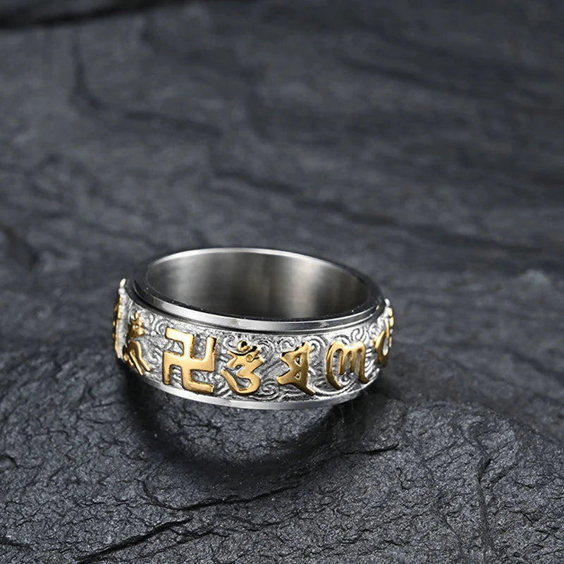 Buddha Stones Six True Words Balance Calm Titanium Steel Ring (Extra 30% Off | USE CODE: FS30)