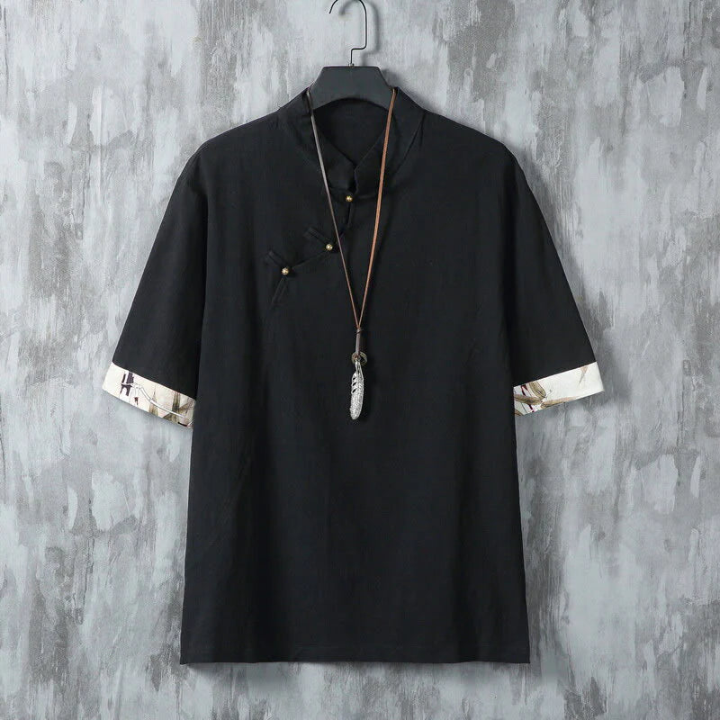 Buddha Stones Summer Chinese Frog-Button Printing Men's Plain Patchwork Half Sleeve Cotton Linen Shirt