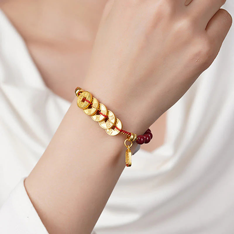 Buddha Stones Five-Emperor Coins Copper Amethyst Cinnabar Black Red String Balance Attract Fortune Bracelet
