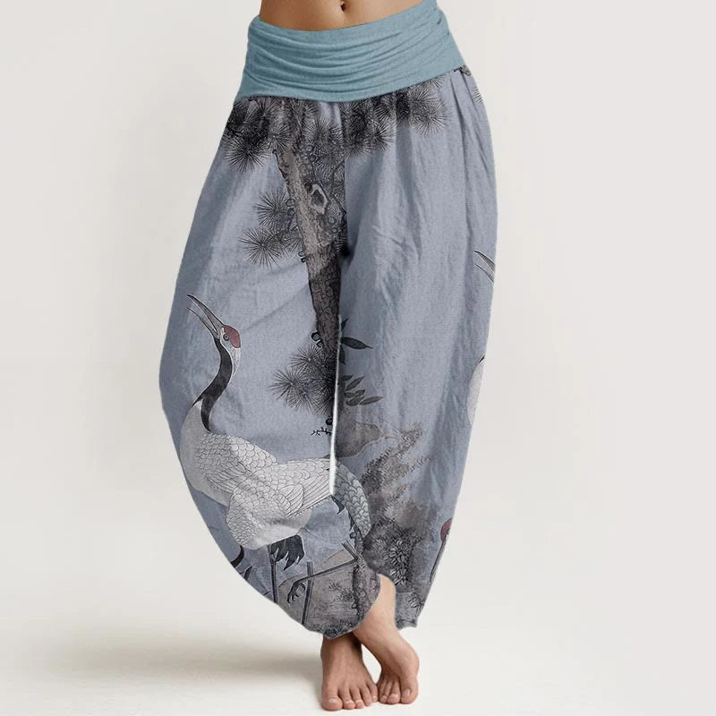 Buddha Stones Pure Cotton Casual Red-crowned Crane Pine Tree Mountain Women's Elastic Waist Harem Pants