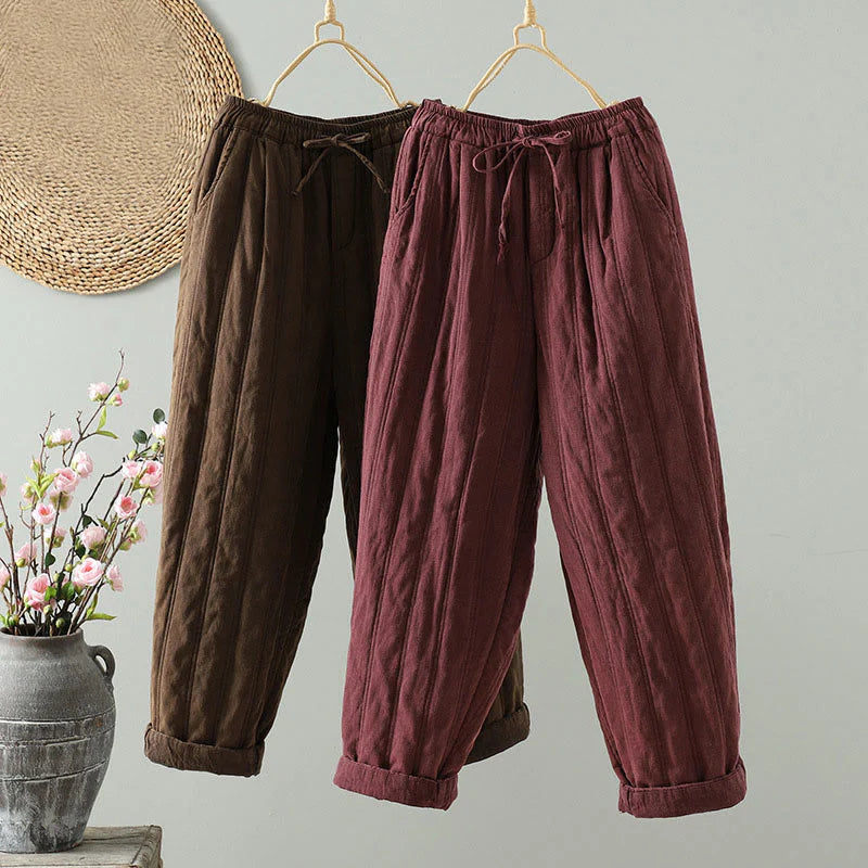 Buddha Stones Daily Plain Drawstring Design Women's Harem Elastic Waist Cotton Pants With Pockets