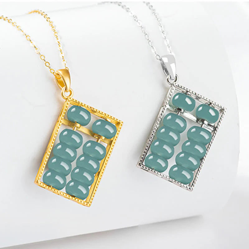 Buddha Stones Natural Jade Abacus Pattern Abundance Titanium Steel Chain Necklace Pendant