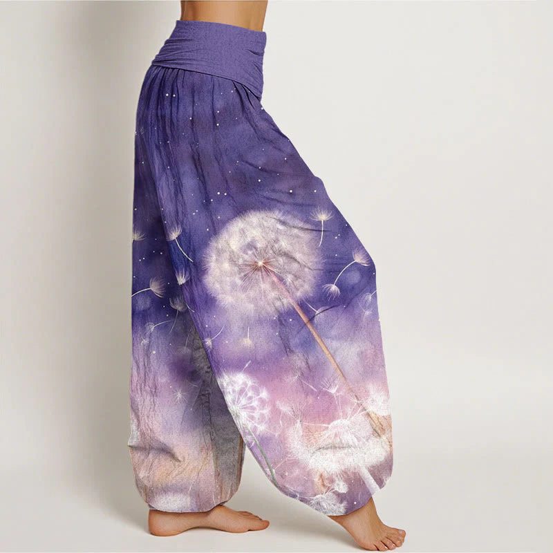 Buddha Stones Cotton Casual Dandelion Pattern Women's Elastic Waist Harem Pants