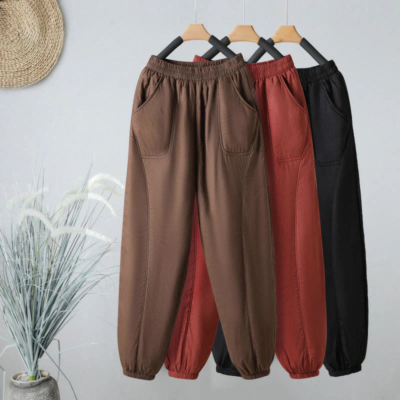 Buddha Stones Winter Elastic Waist Cotton Thermal Women's Cropped 7-8 Length Harem Pants With Pockets