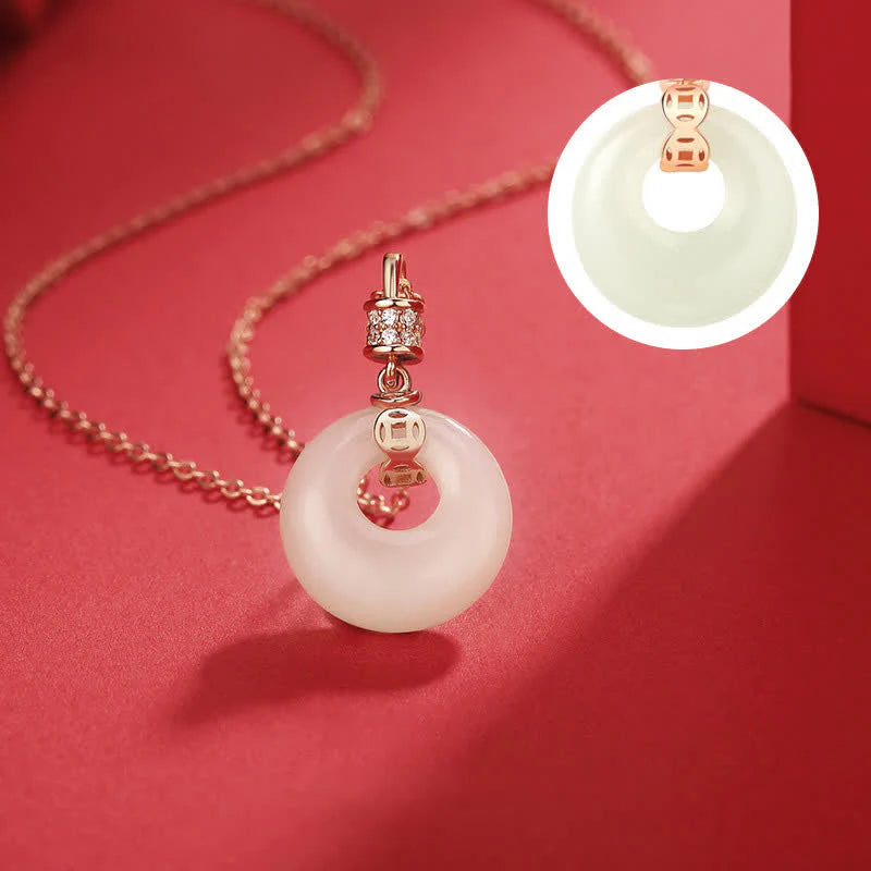 Buddha Stones 925 Sterling Silver Hetian White Jade Coin Flower Peace Buckle Luck Necklace Pendant