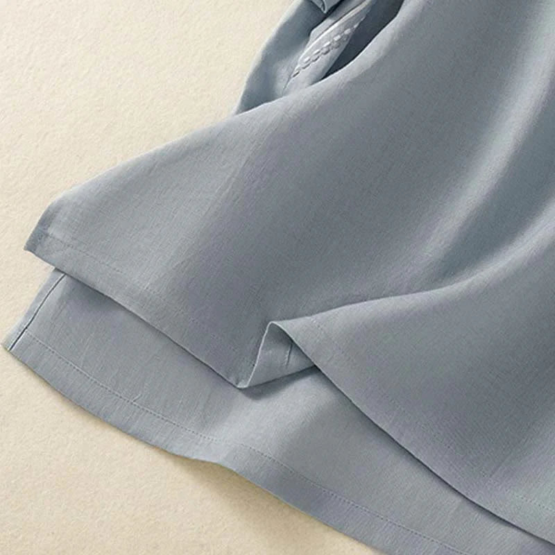 Buddha Stones Summer Stand Collar Short Sleeve Plain Women's  Frog-Button Cotton Shirt With Pocket