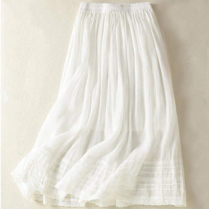 Buddha Stones Summer Plain Drawstring Lace Patchwork Design Women's Cotton Linen 7-8 Length Skirt