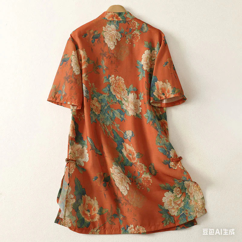 Buddha Stones Stand Collar Frog-Button Floral Print Pattern Short Sleeve Mini Dress