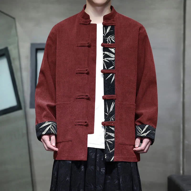 Buddha Stones Fall Bamboo Frog-Button Long Sleeve Men's Corduroy Cotton Jacket With Pockets