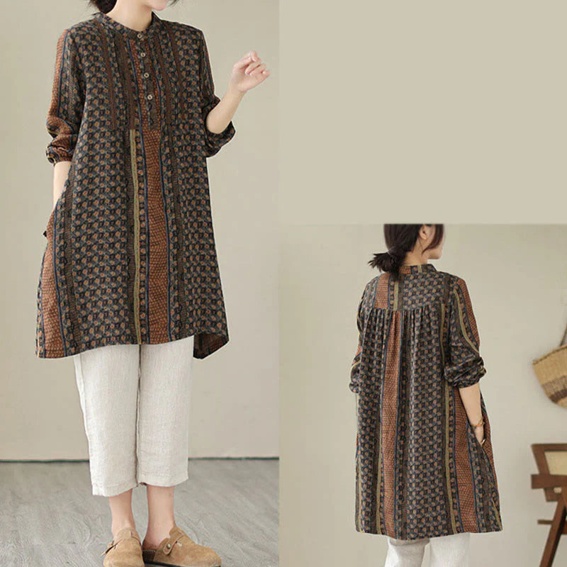 Buddha Stones Retro Printed Floral Women's Accordion Pleats Design Long Sleeve Shirt With Pockets