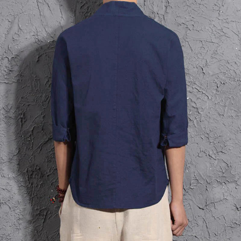 Buddha Stones Casual V-Neck Three Quarter Sleeve Shirt Men Clothing