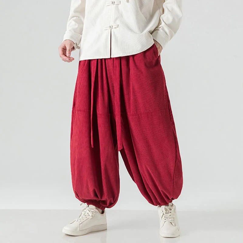 Buddha Stones Winter Solid Color Men's Harem Pure Cotton Corduroy Pants With Pockets