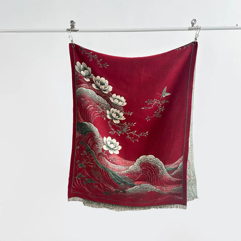 Buddha Stones Fall Lotus Flowers Ocean Waves Pattern Soft Scarf Tassel Shawl