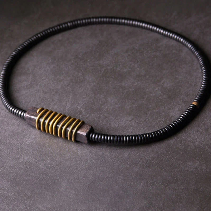 Buddha Stones Ebony Wood Copper Brass Balance Ball Cuboid Double Wrap Bracelet Necklace