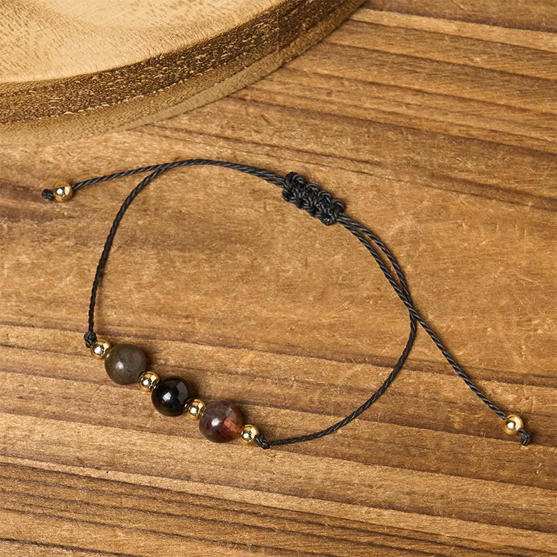 Buddha Stones Tiger Eye Black Tourmaline Pyrite Protection Card Rope Bracelet
