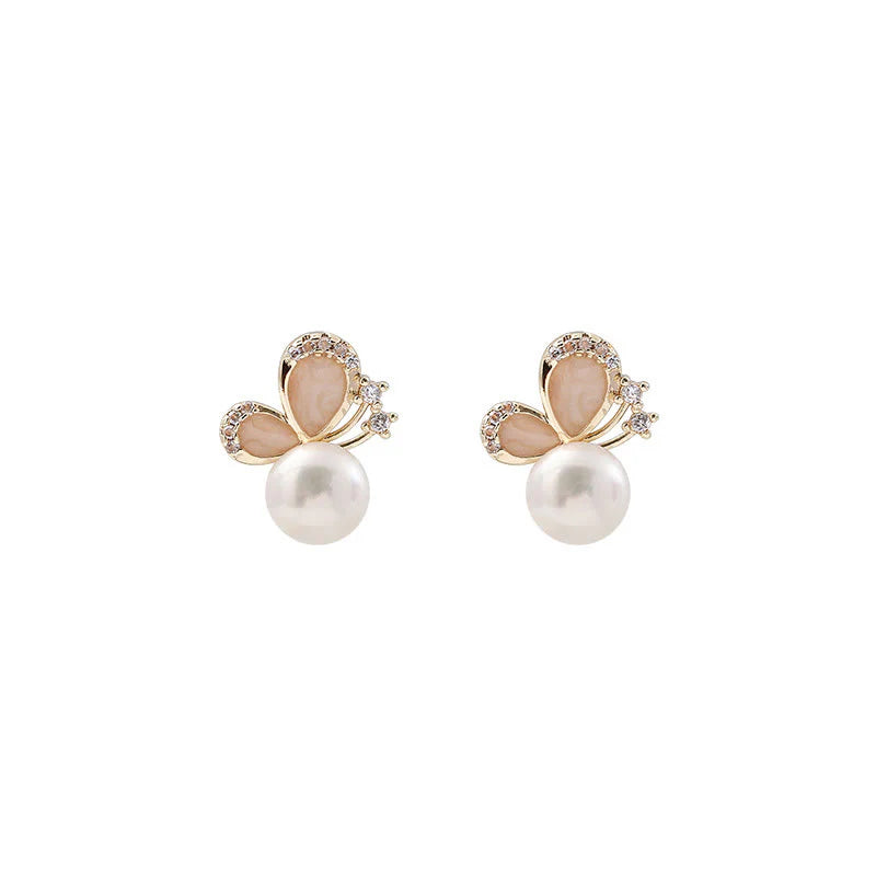 Buddha Stones 18k Gold Plated Pearl Butterfly Love Freedom Stud Earrings