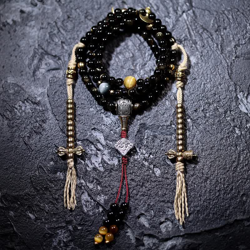 Buddha Stones 108 Mala Beads Gold Sheen Obsidian Tiger Eye Eagle's Eye Stone Wealth Bracelet
