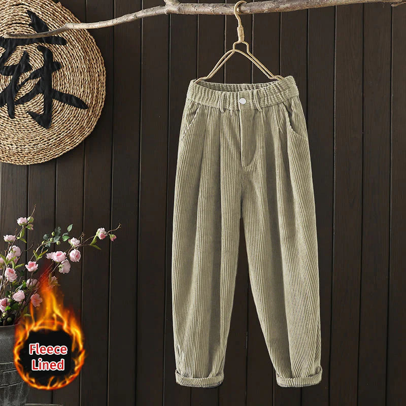 Buddha Stones Women's Winter Plain Corduroy Cotton High Waist Fleece-Lined Harem Pants With Pockets