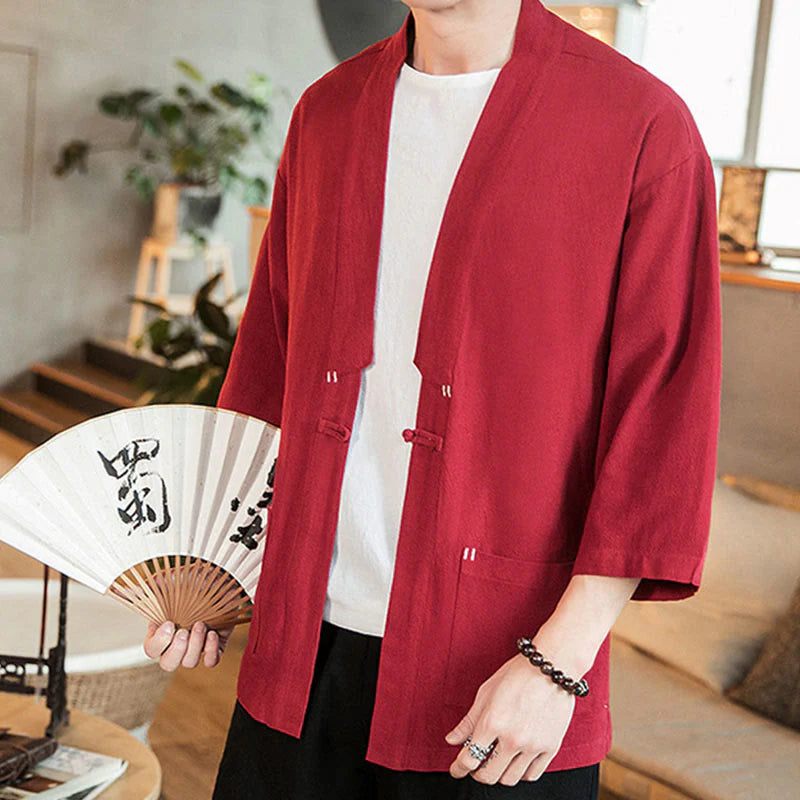 Buddha Stones Plain Chinese Frog-Button Jacket Cotton Linen Men's Three Quarter Sleeve Kimono