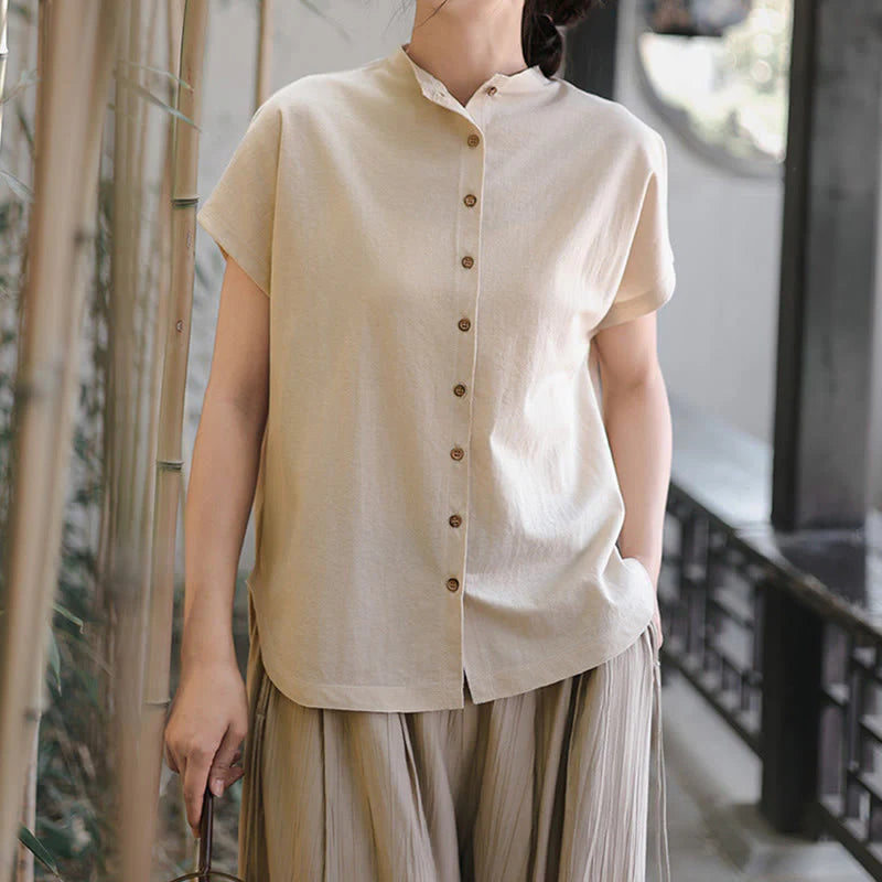 Buddha Stones Vintage Buttons Design Stand Collar Cotton Short Sleeve Women's Shirt