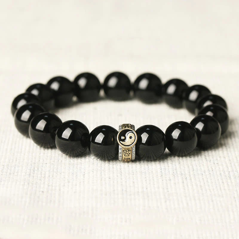 Buddha Stones Black Obsidian Yin Yang Nine-Character Mantra Fulfilment Bracelet