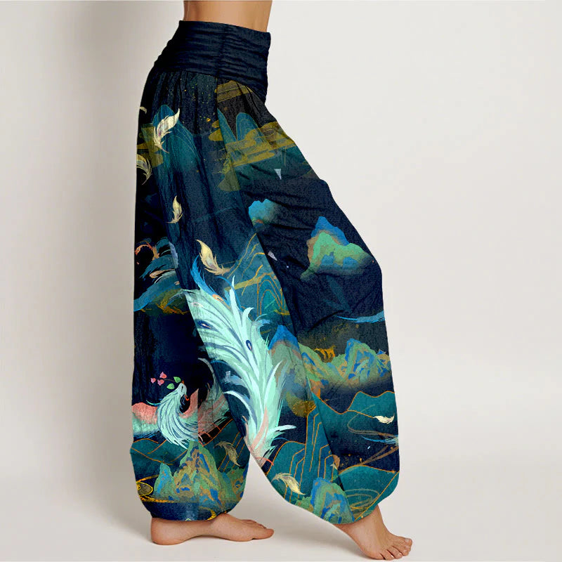Buddha Stones Pure Cotton Gorgeous Phoenix Mountain Cloud Pattern Women's Elastic Waist Harem Pants