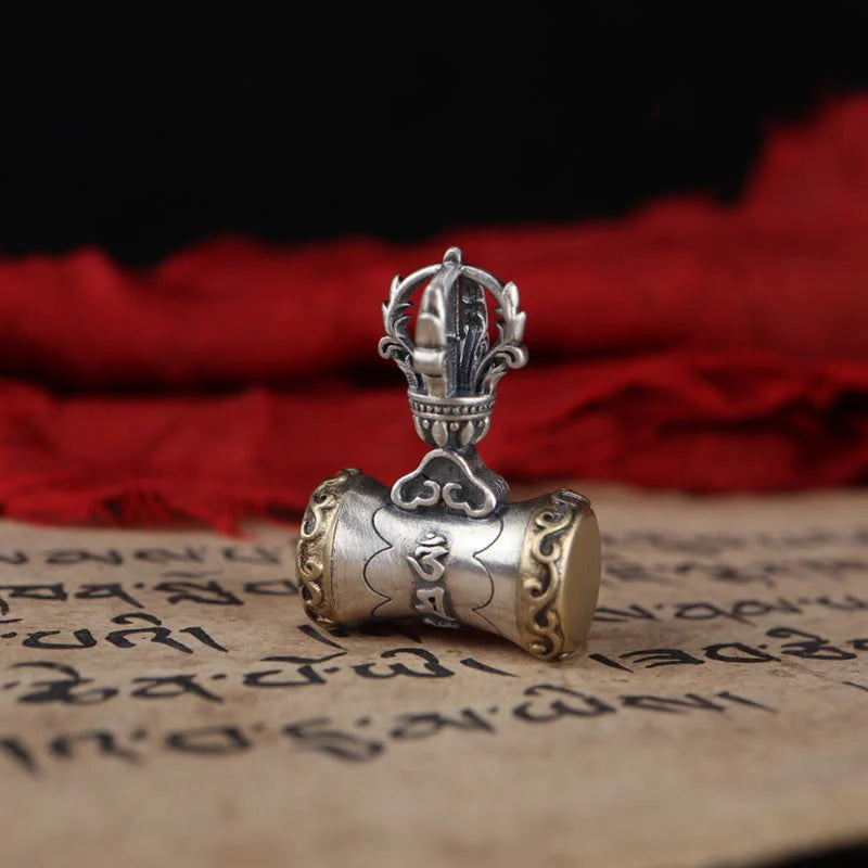 Buddha Stones Tibet 925 Sterling Silver Om Mani Padme Hum Dorje Bell Vajra Engraved Enlightenment Pendant Hanging Decoration