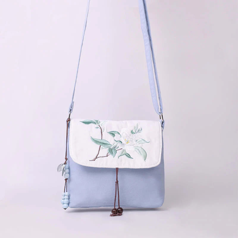 Buddha Stones Embroidered Camellia Epiphyllum Gardenia Sakura Flowers Crossbody Bag Shoulder Bag Cellphone Bag