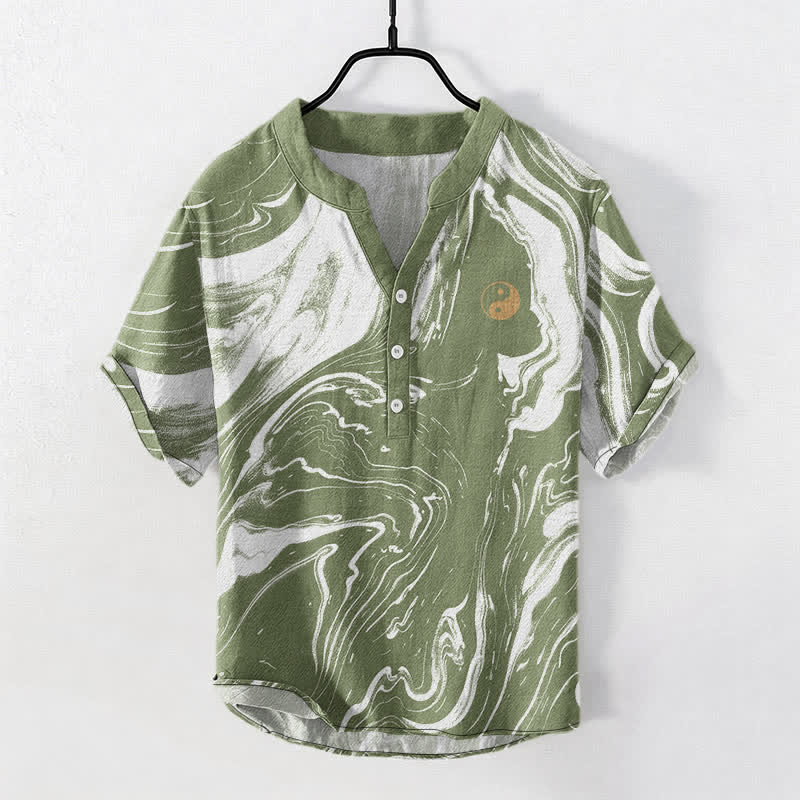 Buddha Stones Cotton Tai Chi Pattern Men's Short Sleeve Half Button Shirt