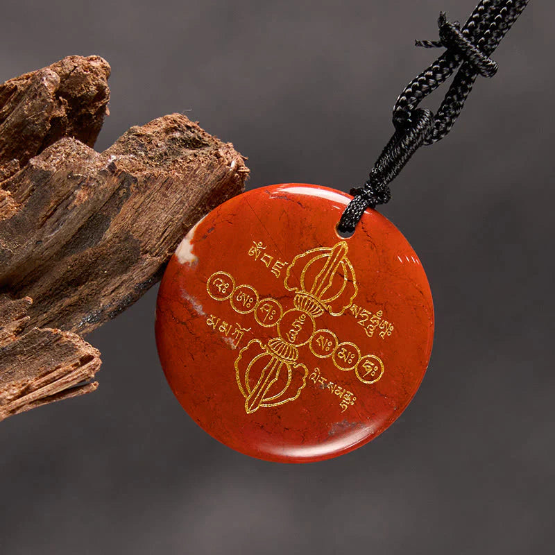 Buddha Stones Vajra Dorje Sanskrit Pattern Natural Various Crystal Black Obsidian Fulfilment Necklace Pendant