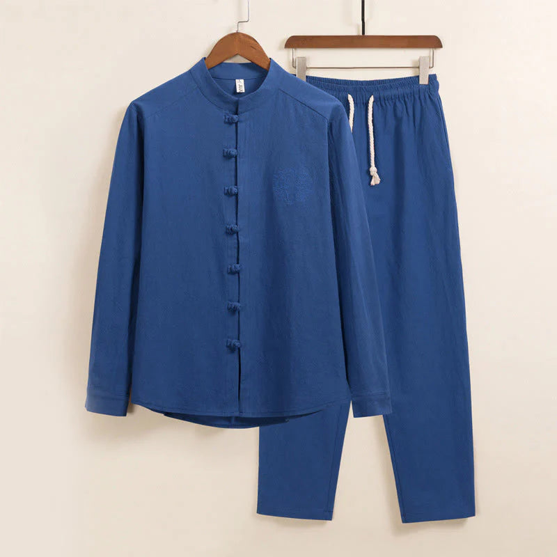 Buddha Stones 2Pcs Plain Men's Frog-Button Long Sleeve Cotton Shirt Pants Set With Pockets