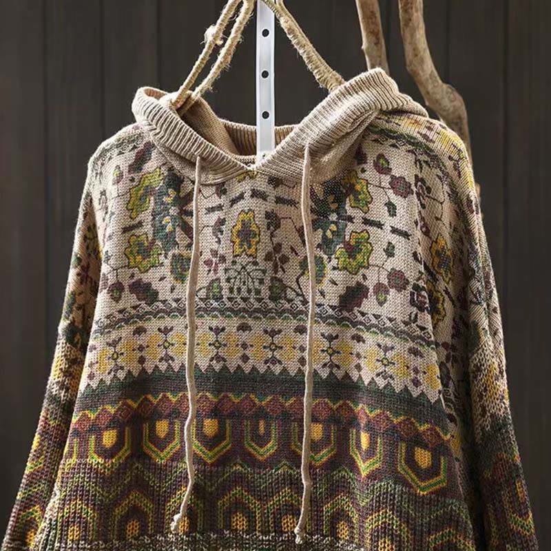 Buddha Stones Fall Striped Geometric Flowers Cotton Women's Long Sleeve Pullover Knitted Hoodie