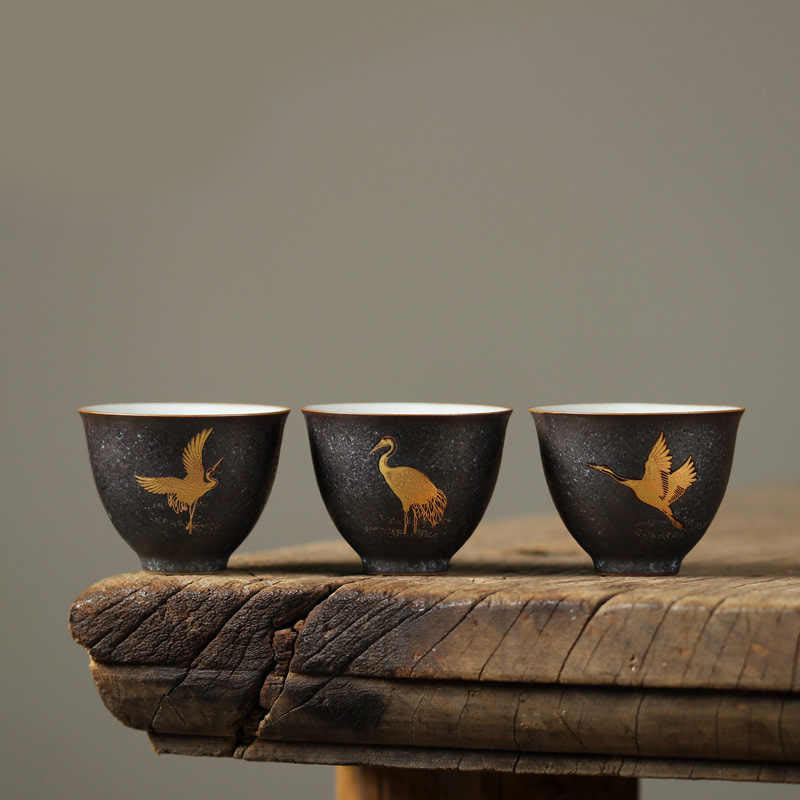 Buddha Stones Small Hand-painted Golden Crane Ceramic Teacup Kung Fu Tea Cup 40ml
