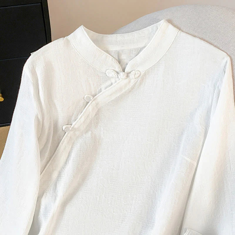 Buddha Stones Commute Jacquard Chinese Frog-Button Mandarin Collar Long Sleeve Women's Cotton Shirt