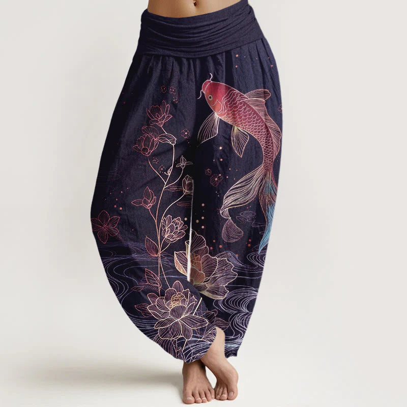 Buddha Stones Lotus Koi Fish Pattern Women's Elastic Waist Pure Cotton Harem Pants