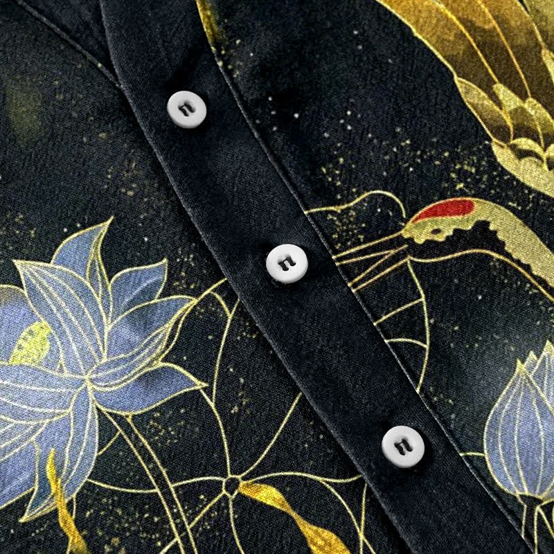 Buddha Stones Cotton Crane Wave Lotus Cloud Pattern Men's Short Sleeve Half Button Shirt